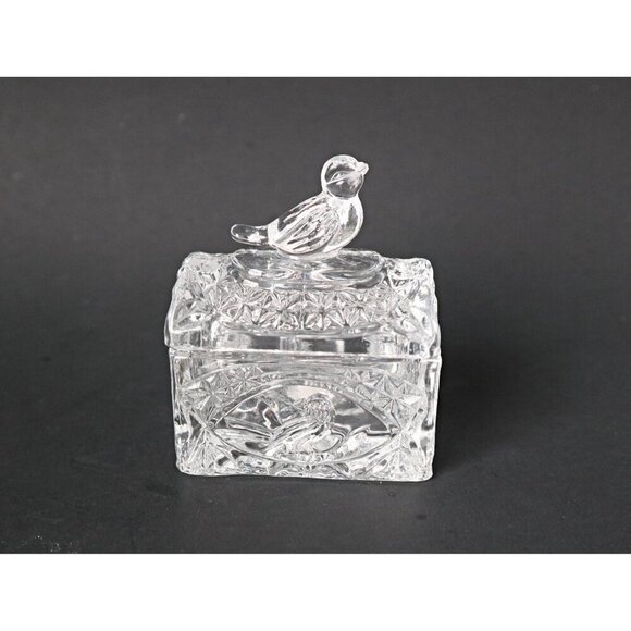 Vintage Crystal Trinket Box Song Bird Lidded Crystal Trinket Box Etched Crystal - Picture 3 of 6
